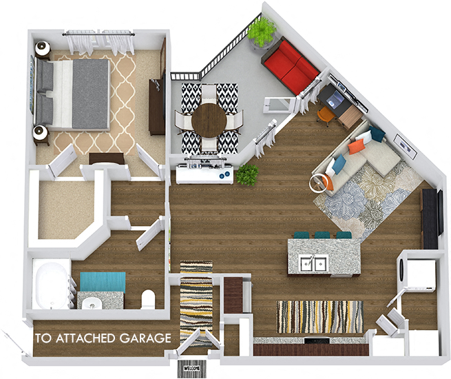 Floor plan for 1 bed, 1 bath, 820 sqft